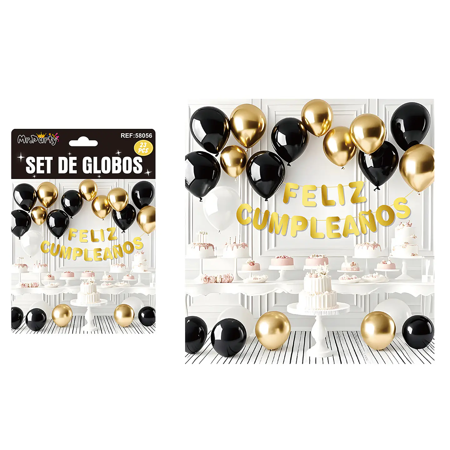 Set de globos látex y guirnalda negro y dorado 23pcs 1