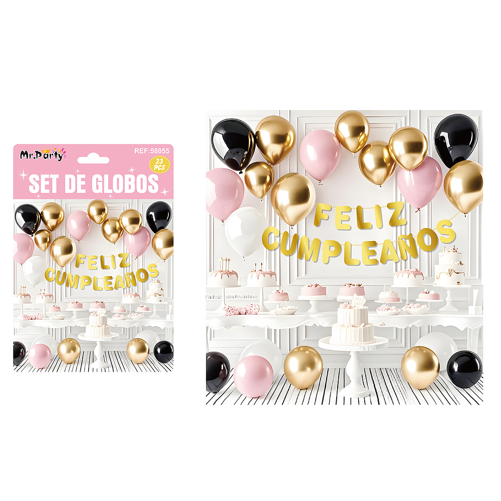 Set de globos látex y guirnalda rosa, negro y dorado 23pcs