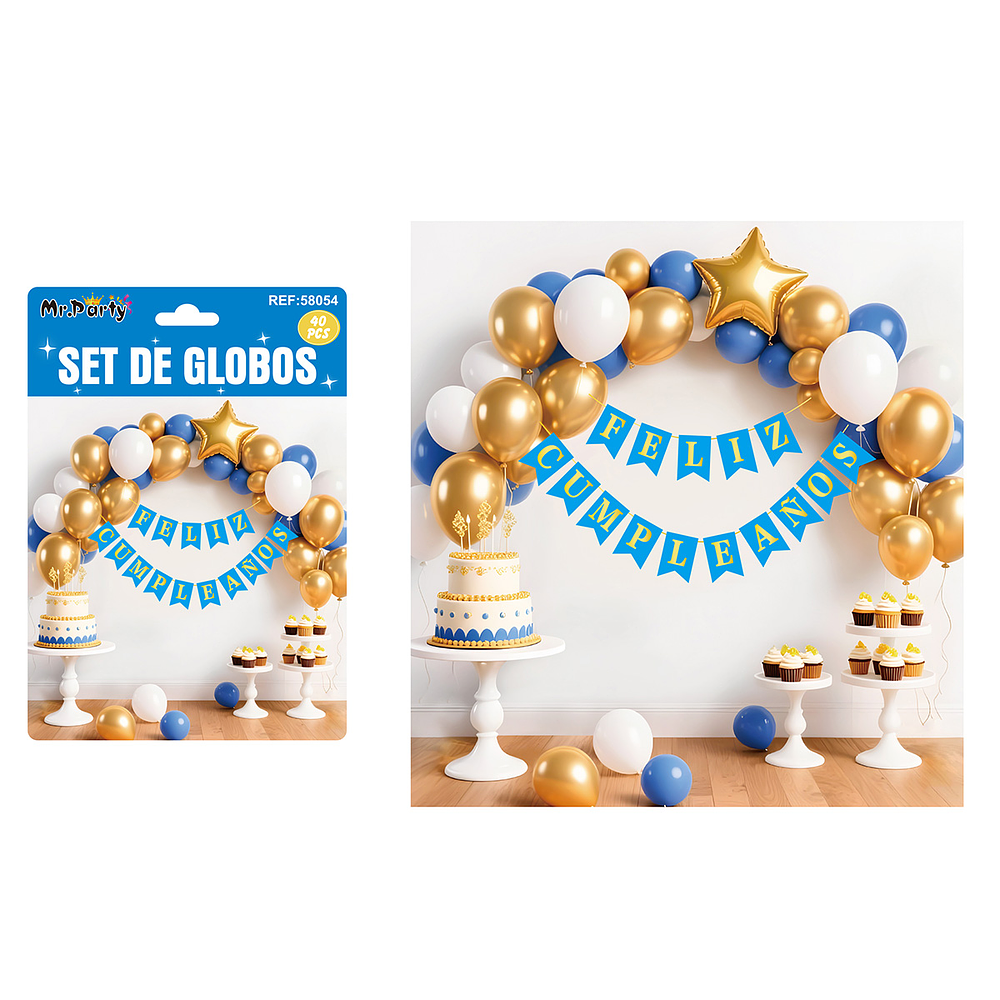 Set de globos látex y guirnalda azul y dorado 40pcs
