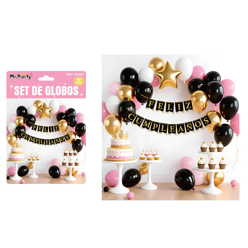 Set de globos látex y guirnalda rosa, negro y dorado 40pcs 1