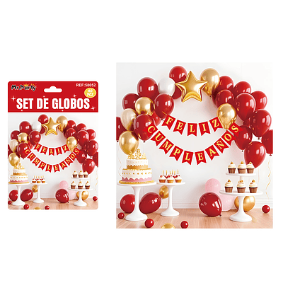 Set de globos látex y guirnalda rojo y dorado 40pcs
