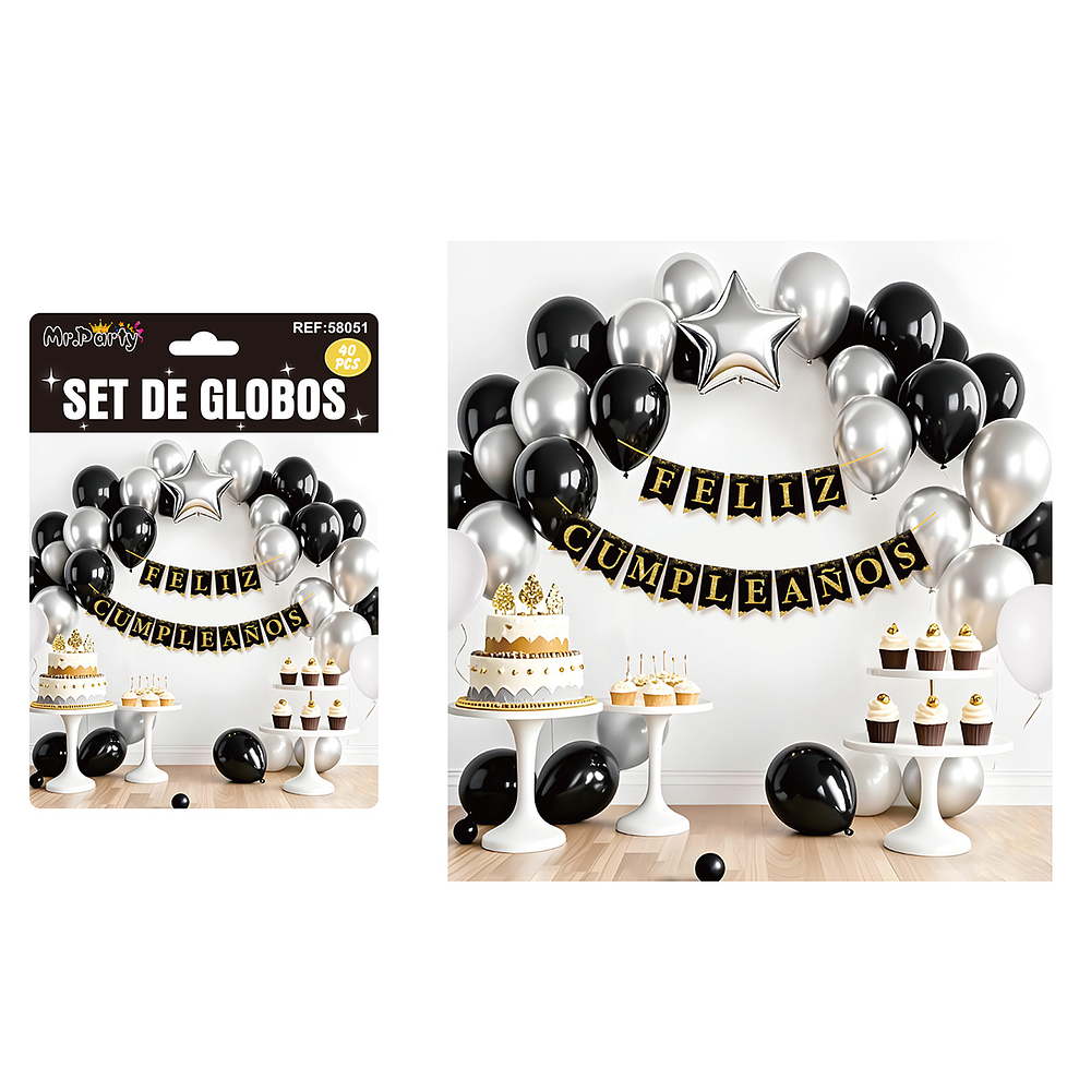 Set de globos látex y guirnalda negro y plateado 40pcs