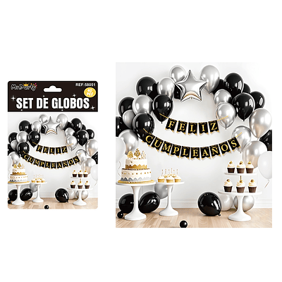Set de globos látex y guirnalda negro y plateado 40pcs
