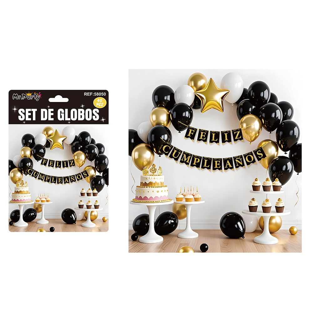 Set de globos látex y guirnalda negro y dorado 40pcs