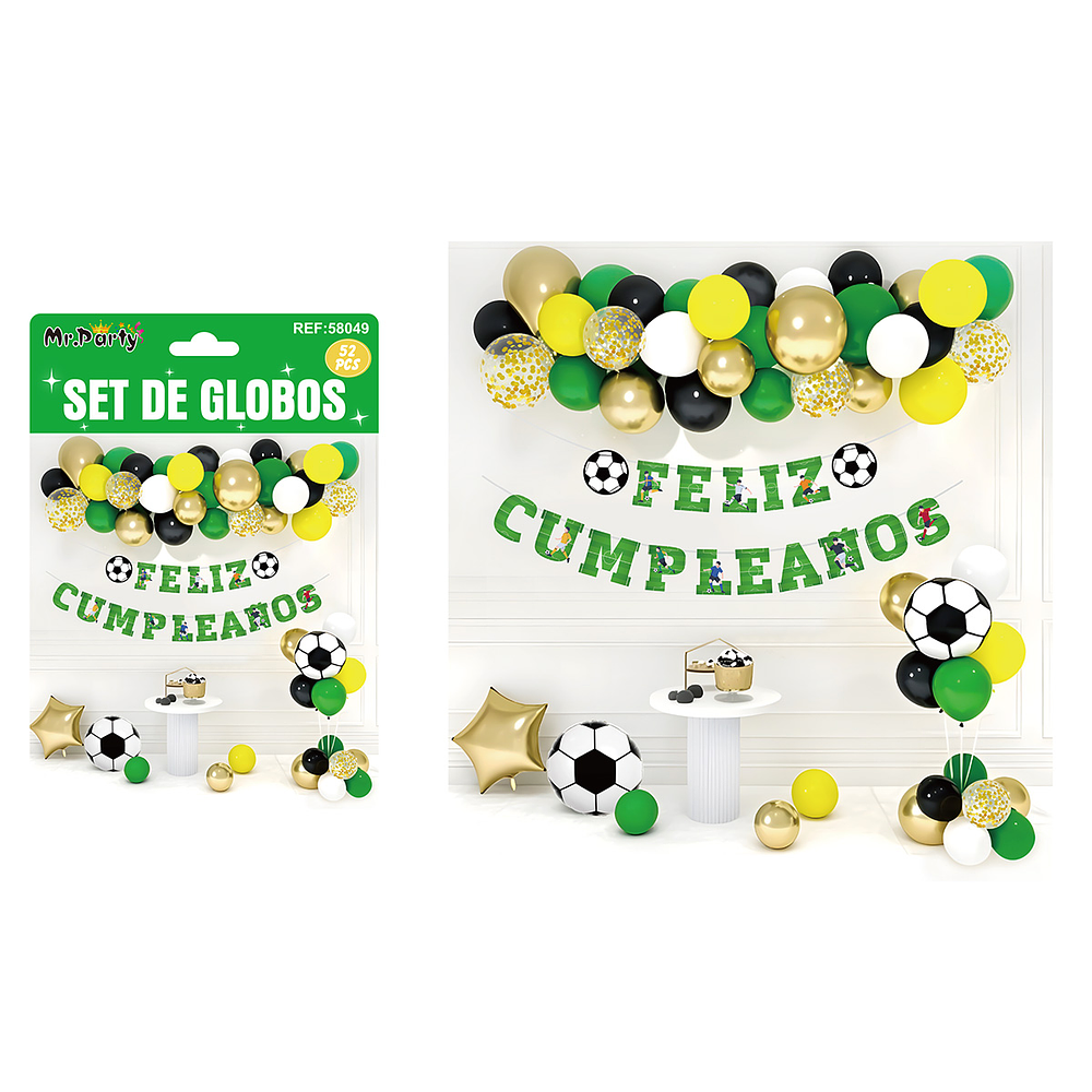 Set de globos látex y guirnalda con fútbol 52pcs