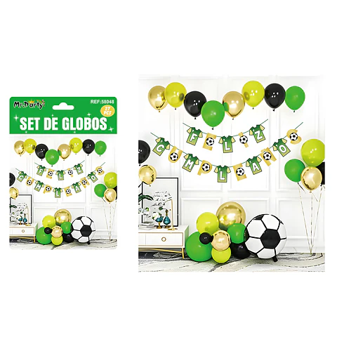 Set de globos látex y guirnalda con fútbol 27pcs
