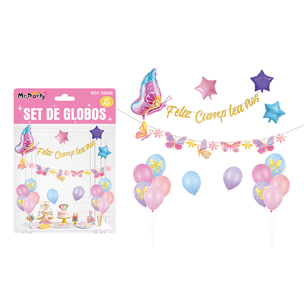 Set de globos látex y guirnalda con mariposa 19pcs