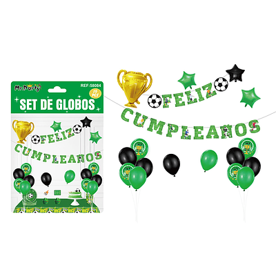 Set de globos látex y guirnalda con fútbol 19pcs