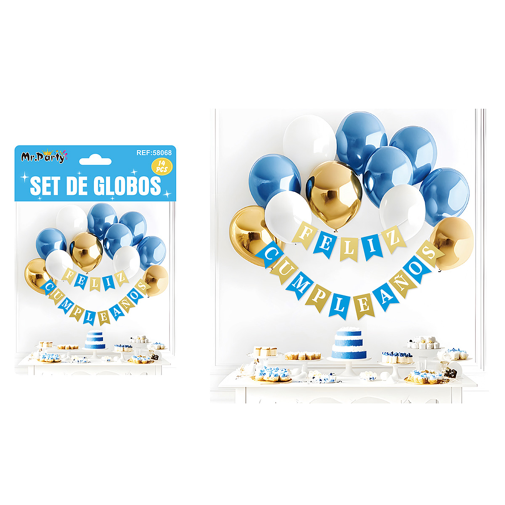 Set de globos látex y guirnalda azul, dorado y blanco 14pcs