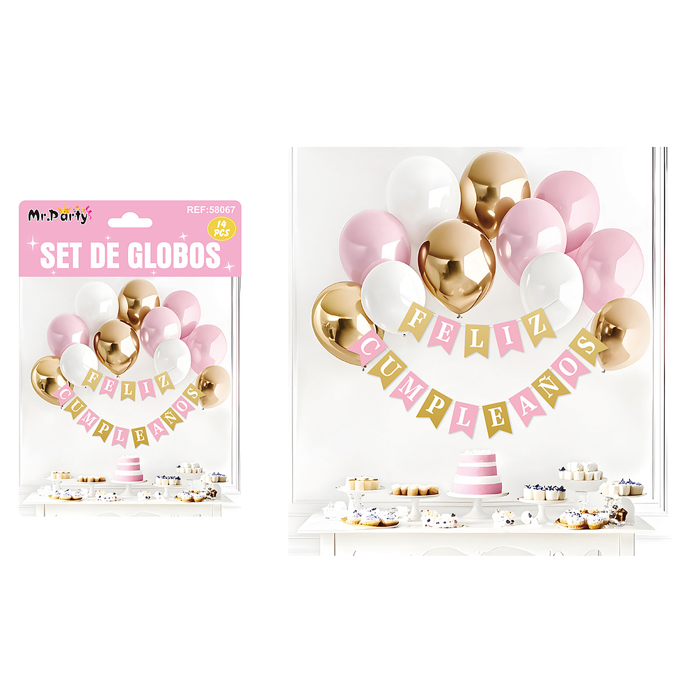Set de globos látex y guirnalda rosa, dorado y blanco 14pcs