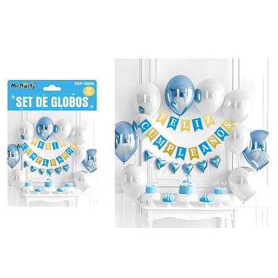 Set de globos látex y guirnalda azul y blanco 20pcs
