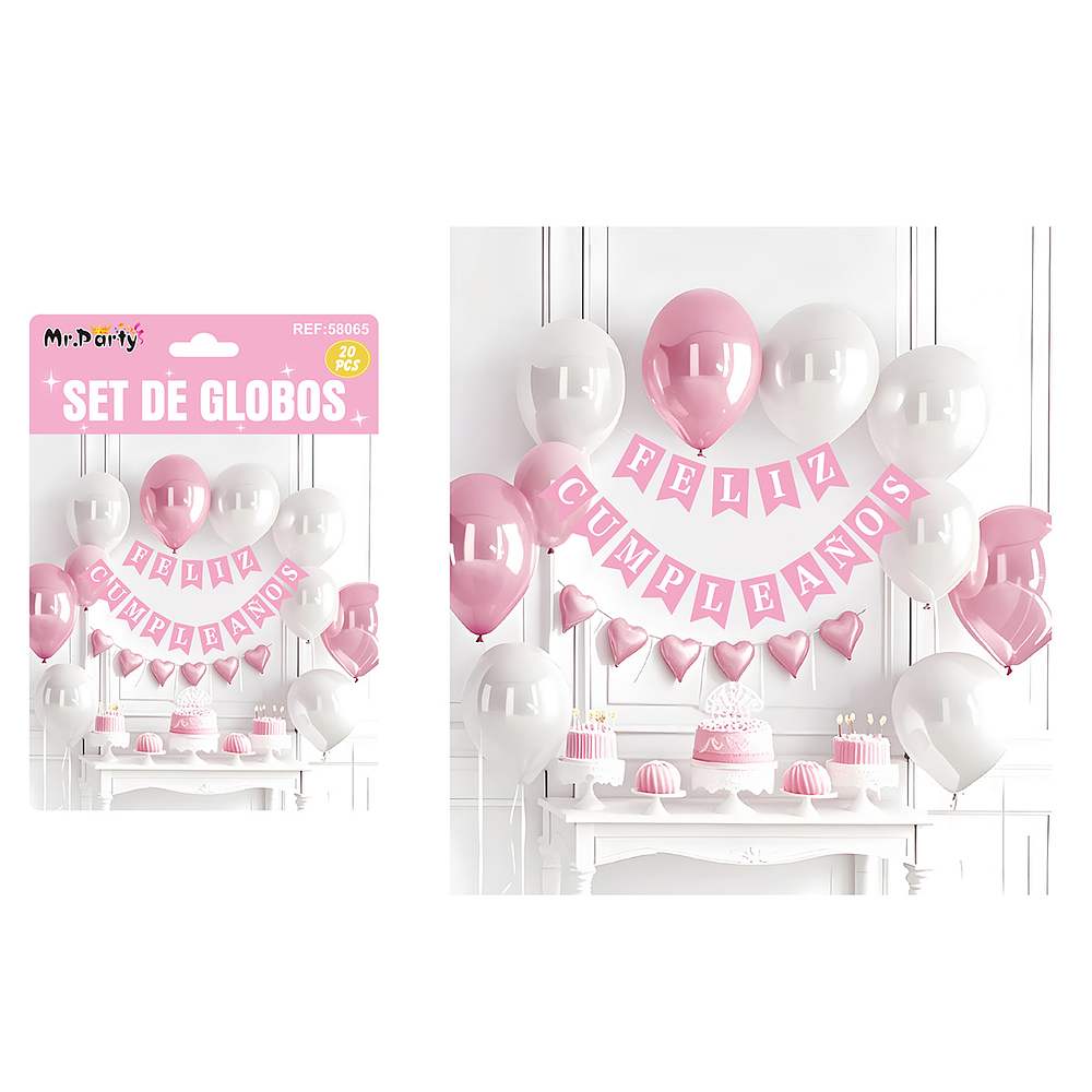 Set de globos látex y guirnalda rosa y blanco 20pcs