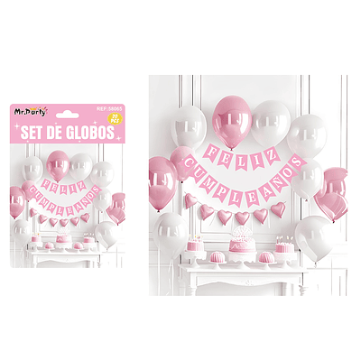 Set de globos látex y guirnalda rosa y blanco 20pcs