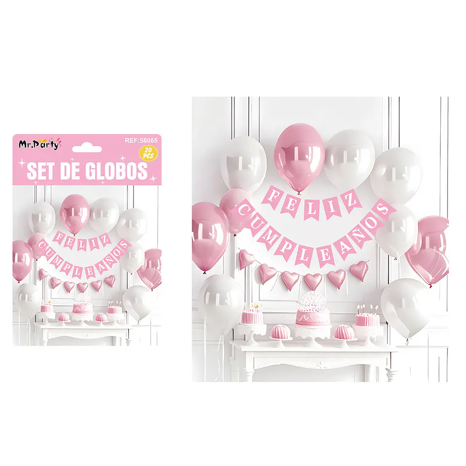 Set de globos látex y guirnalda rosa y blanco 20pcs 1