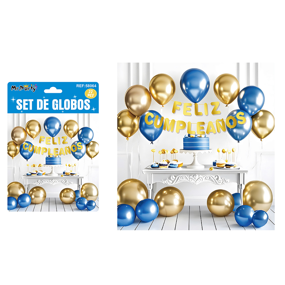 Set de globos látex y guirnalda dorado y azul 22pcs