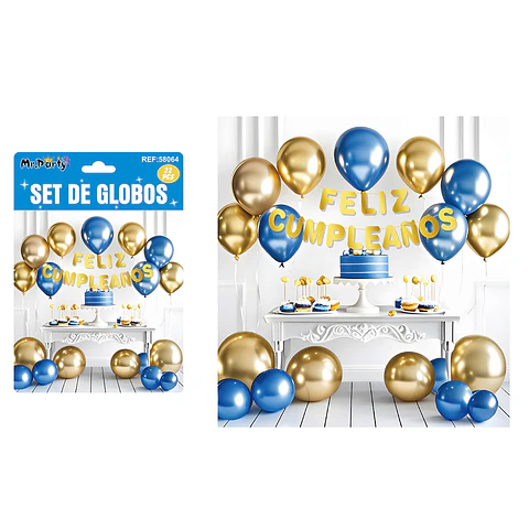Set de globos látex y guirnalda dorado y azul 22pcs