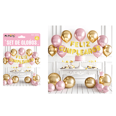 Set de globos látex y guirnalda dorado y rosa 22pcs
