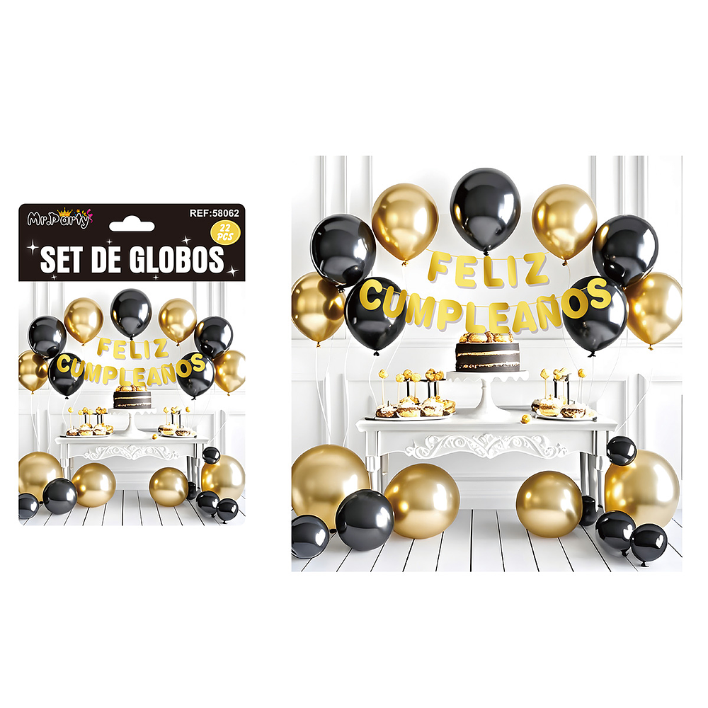 Set de globos látex y guirnalda negro y dorado 22pcs