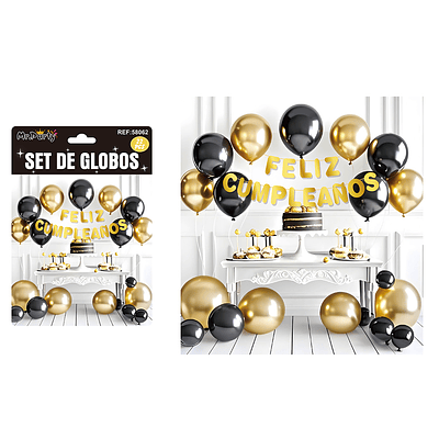 Set de globos látex y guirnalda negro y dorado 22pcs