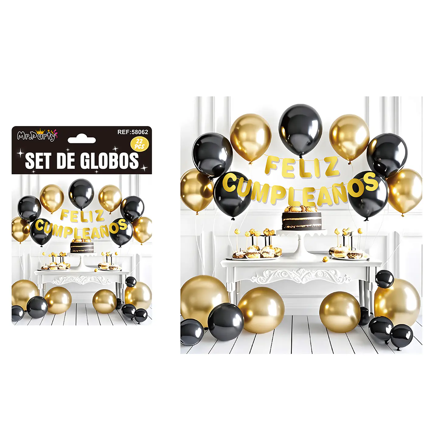 Set de globos látex y guirnalda negro y dorado 22pcs 1