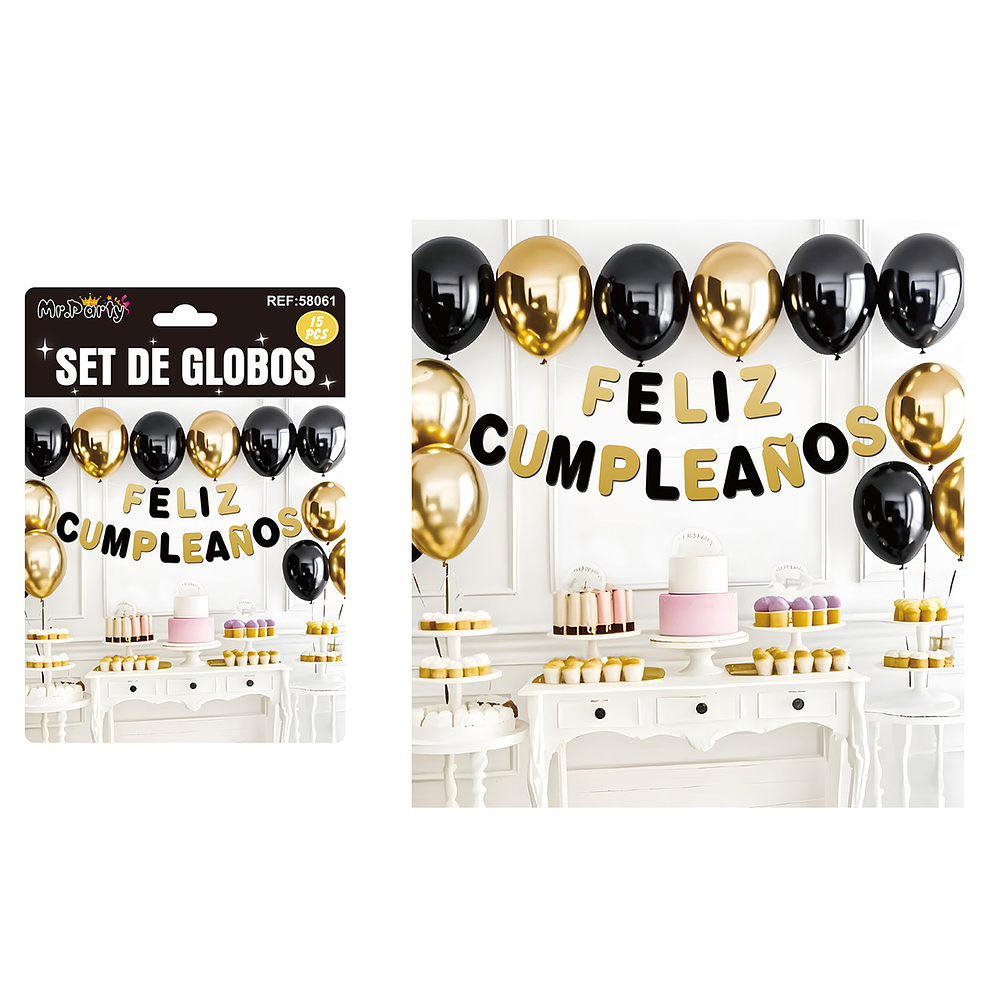 Set de globos látex y guirnalda negro y dorado 15pcs