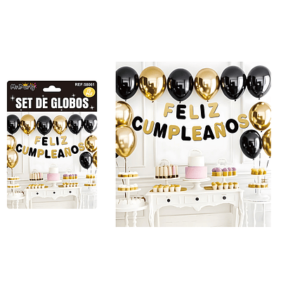 Set de globos látex y guirnalda negro y dorado 15pcs