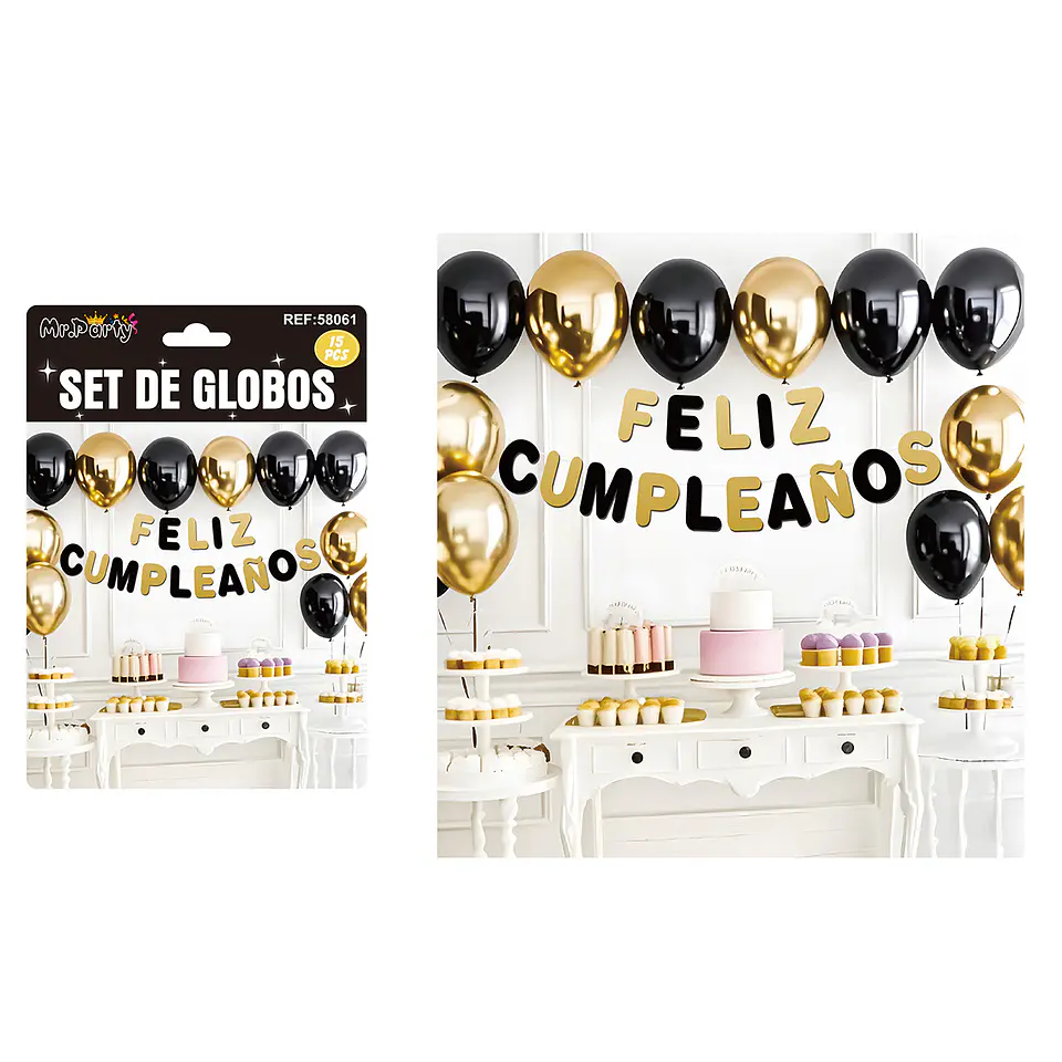 Set de globos látex y guirnalda negro y dorado 15pcs 1