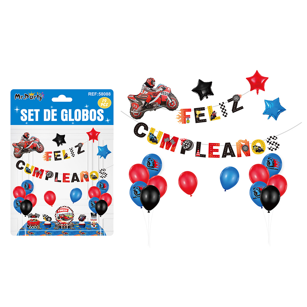 Set de globos látex y guirnalda con motocicleta 19pcs