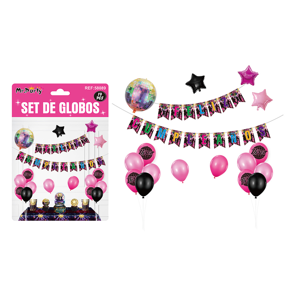 Set de globos látex y guirnalda con discoteca 19pcs