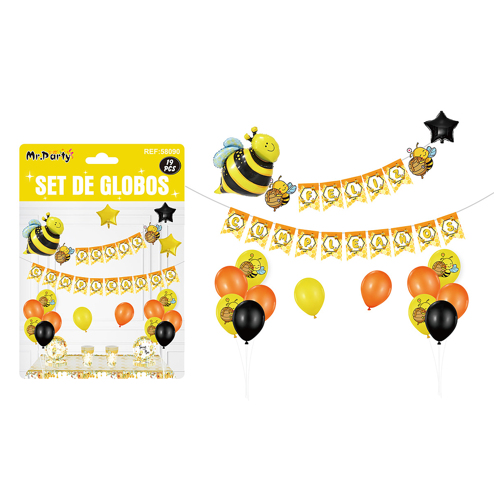 Set de globos látex y guirnalda con abeja 19pcs