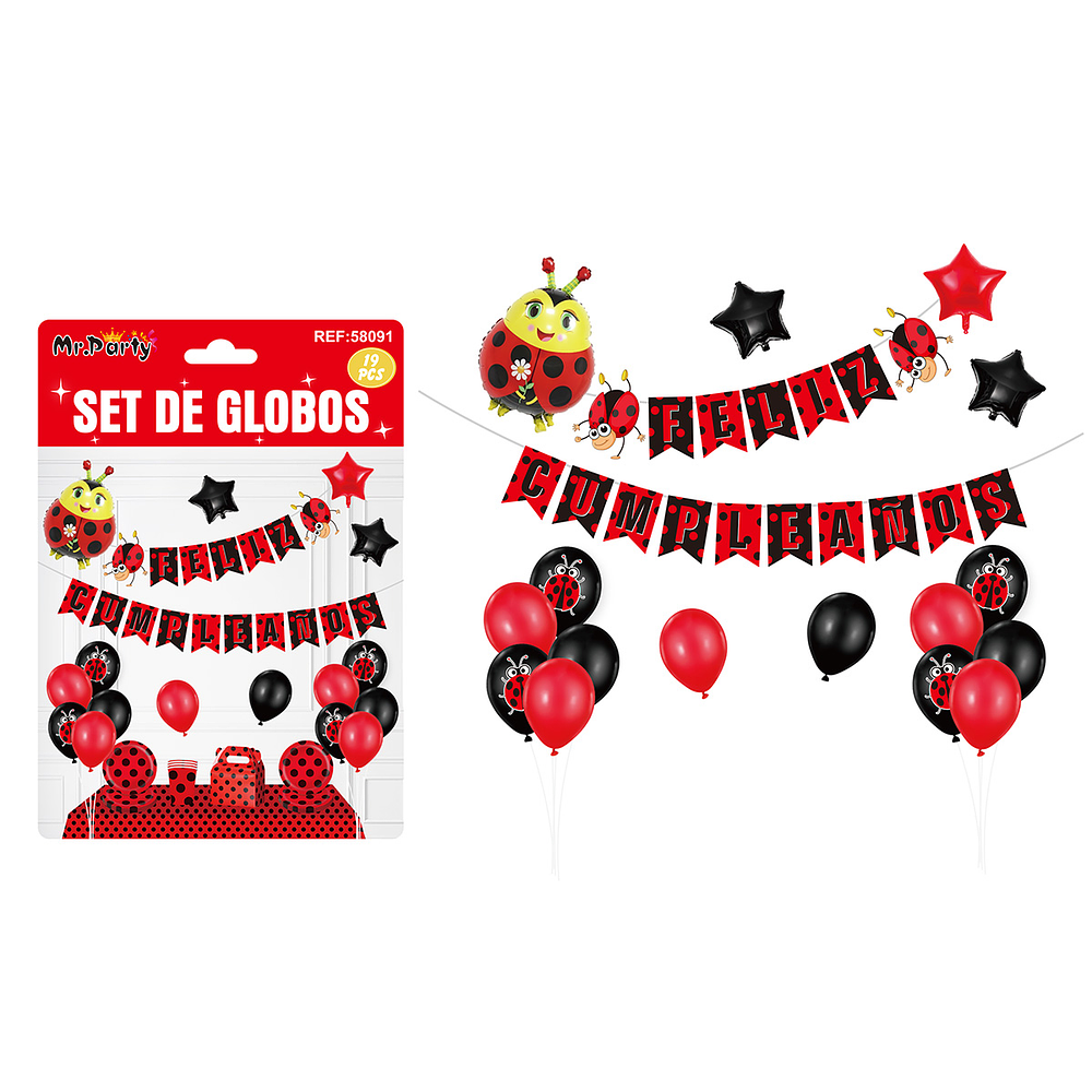 Set de globos látex y guirnalda con mariquita 19pcs