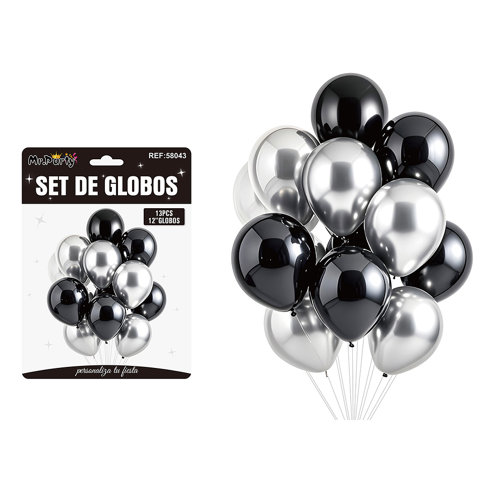 Set de globos negro y plateado 13pcs