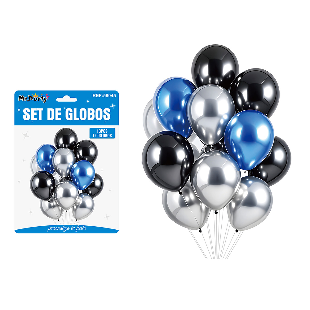 Set de globos azul, plateado y negro 13pcs