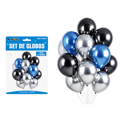 Set de globos azul, plateado y negro 13pcs
