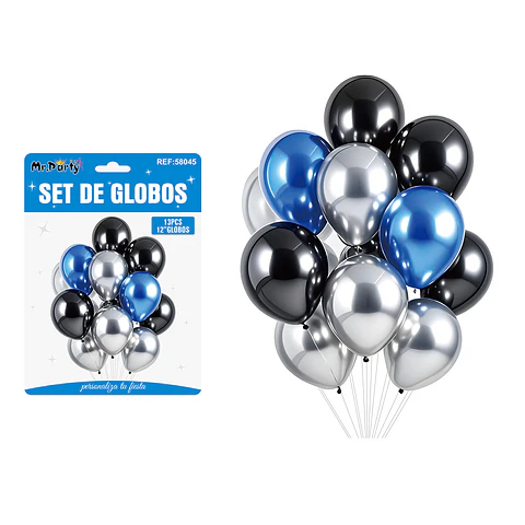 Set de globos azul, plateado y negro 13pcs