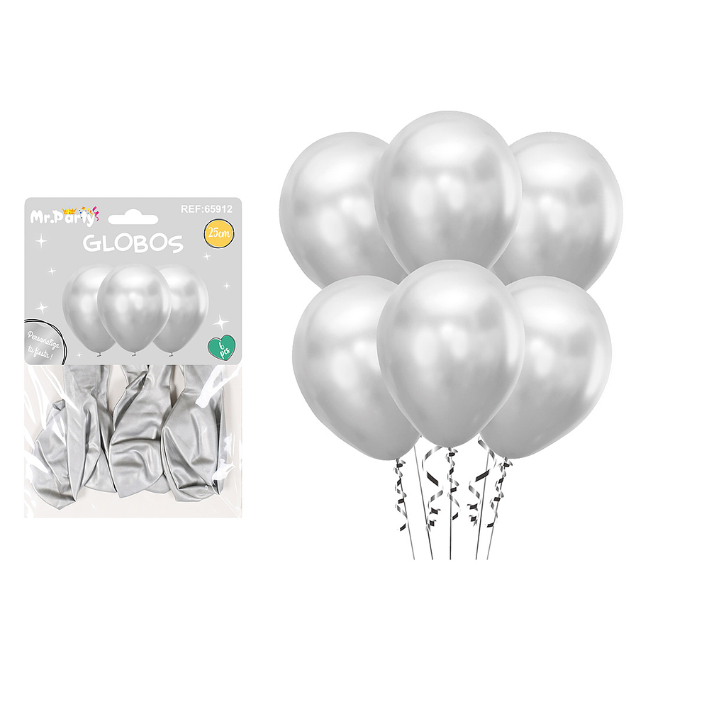 Set de globos látex metalizado plateado 25cm 1.8g 6pcs
