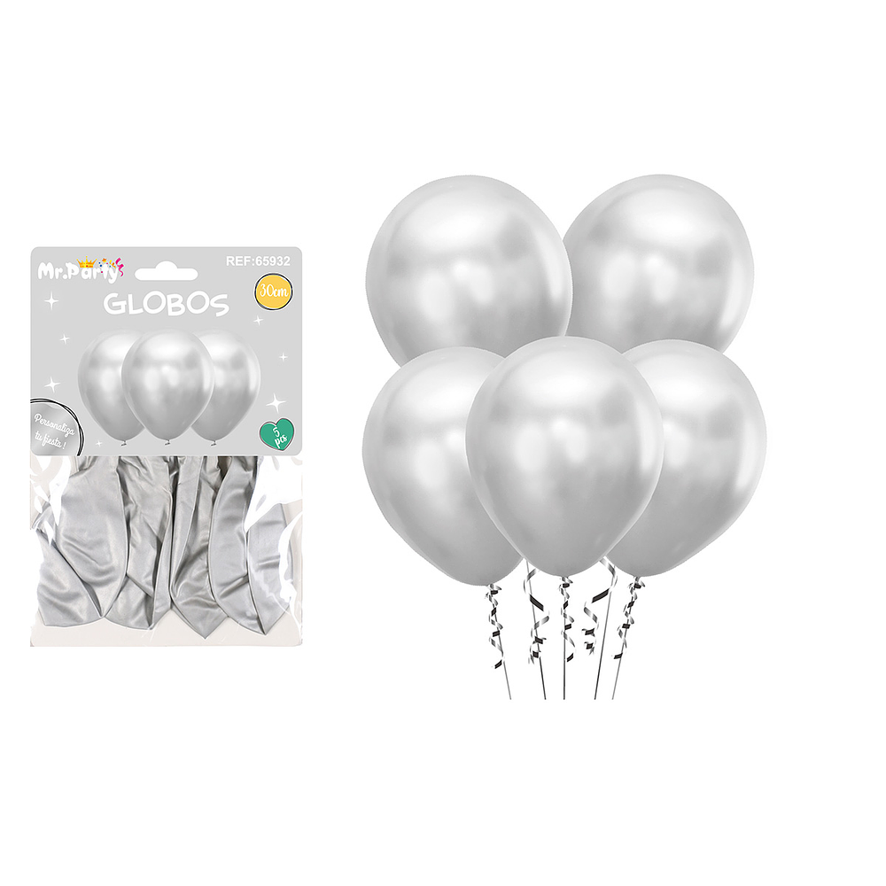 Set de globos látex metalizado plateado 30cm 5pcs