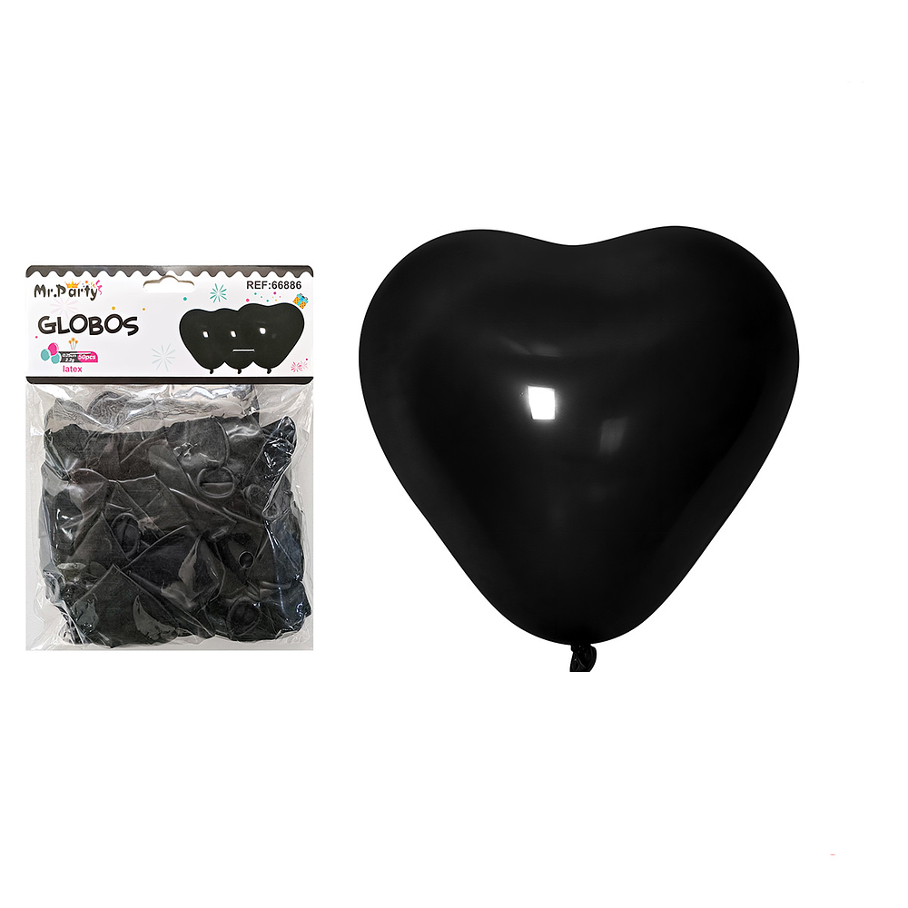 Set de globos látex corazón negro mate 25cm 50pcs