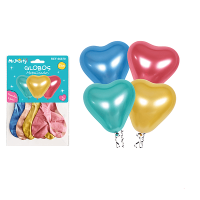 Set de globos látex corazón multicolor metalizado 25cm 4pcs