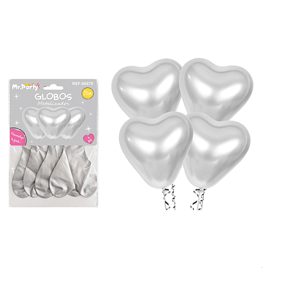 Set de globos látex corazón plateado metalizado 25cm 4pcs