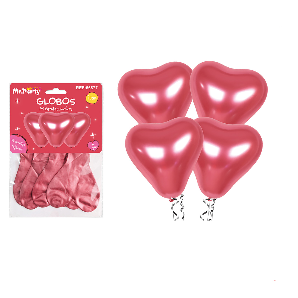 Set de globos látex corazón rojo metalizado 25cm 4pcs