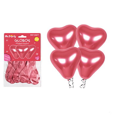 Set de globos látex corazón rojo metalizado 25cm 4pcs