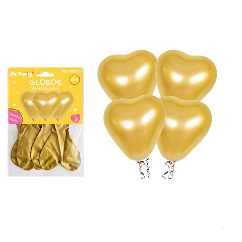 Set de globos látex corazón dorado metalizado 25cm 4pcs