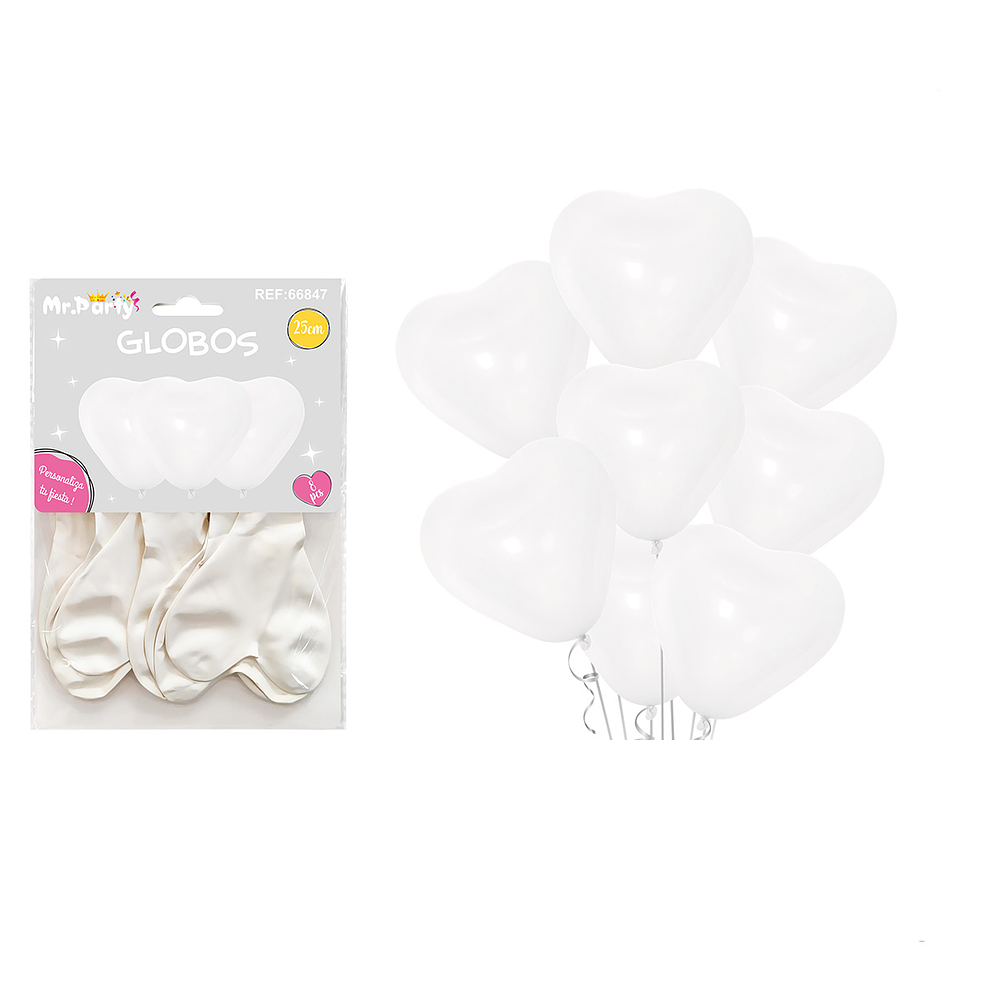 Set de globos látex corazón blanco mate 25cm 8pcs