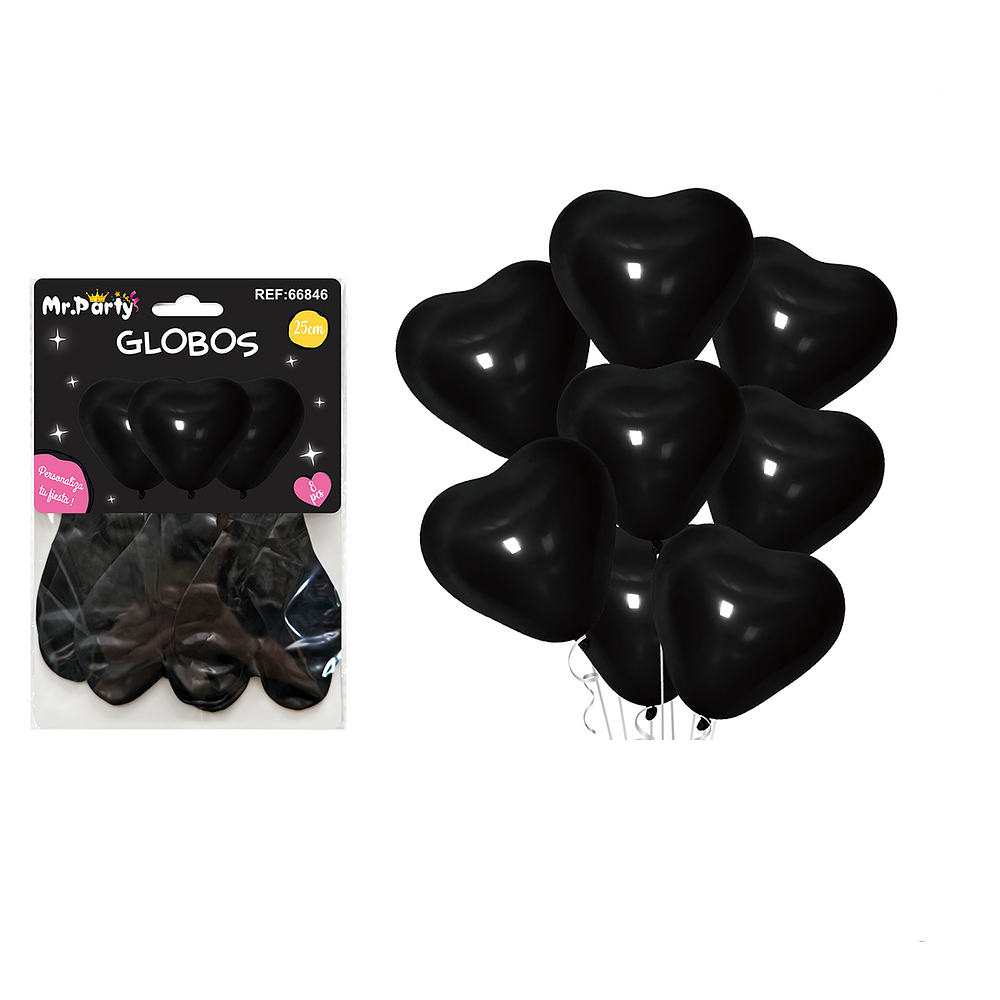 Set de globos látex corazón negro mate 25cm 8pcs