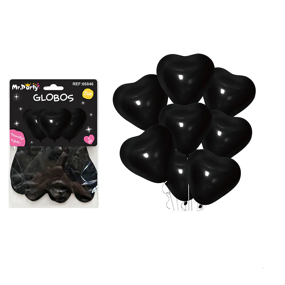 Set de globos látex corazón negro mate 25cm 8pcs 1