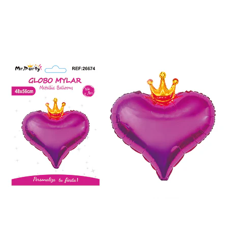 Globo metálico fucsia corazón con corona 48*56cm