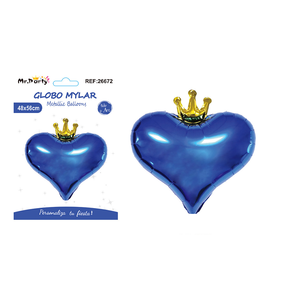 Globo metálico azul corazón con corona 48*56cm