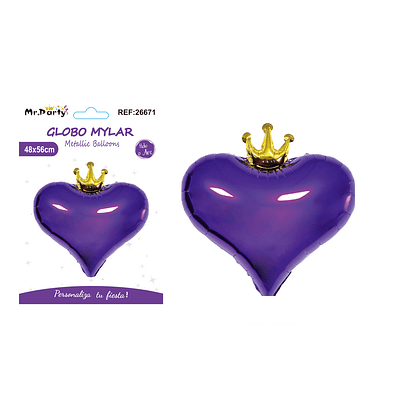 Globo metálico morado corazón con corona 48*56cm