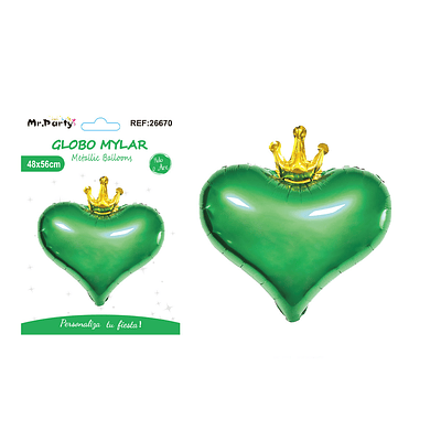 Globo metálico verde corazón con corona 48*56cm